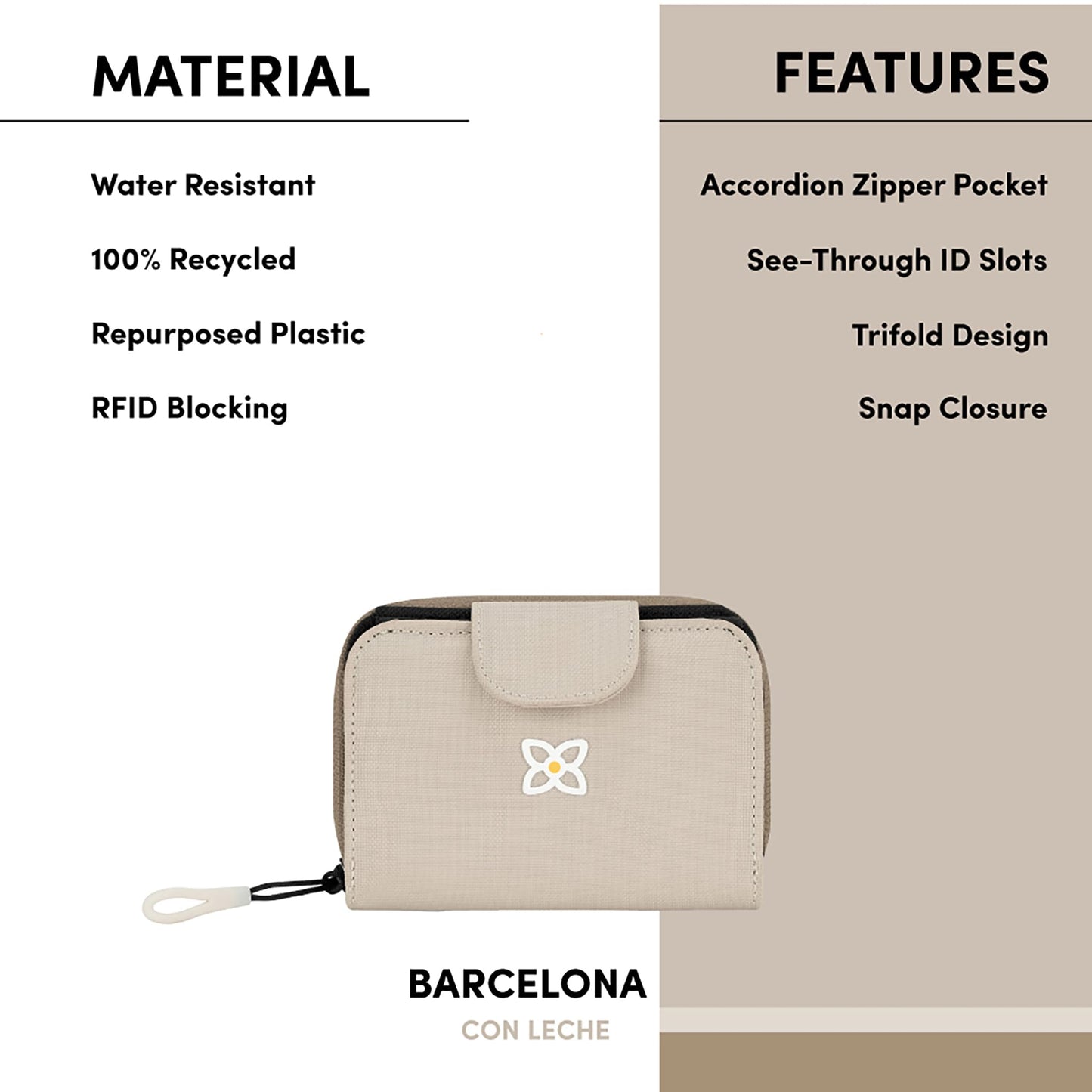 Sherpani Barcelona, Small Nylon Bifold Zipper Pocket Wallet for Women, Travel Bag, RFID Protection, Travel Gift (Con Leche)