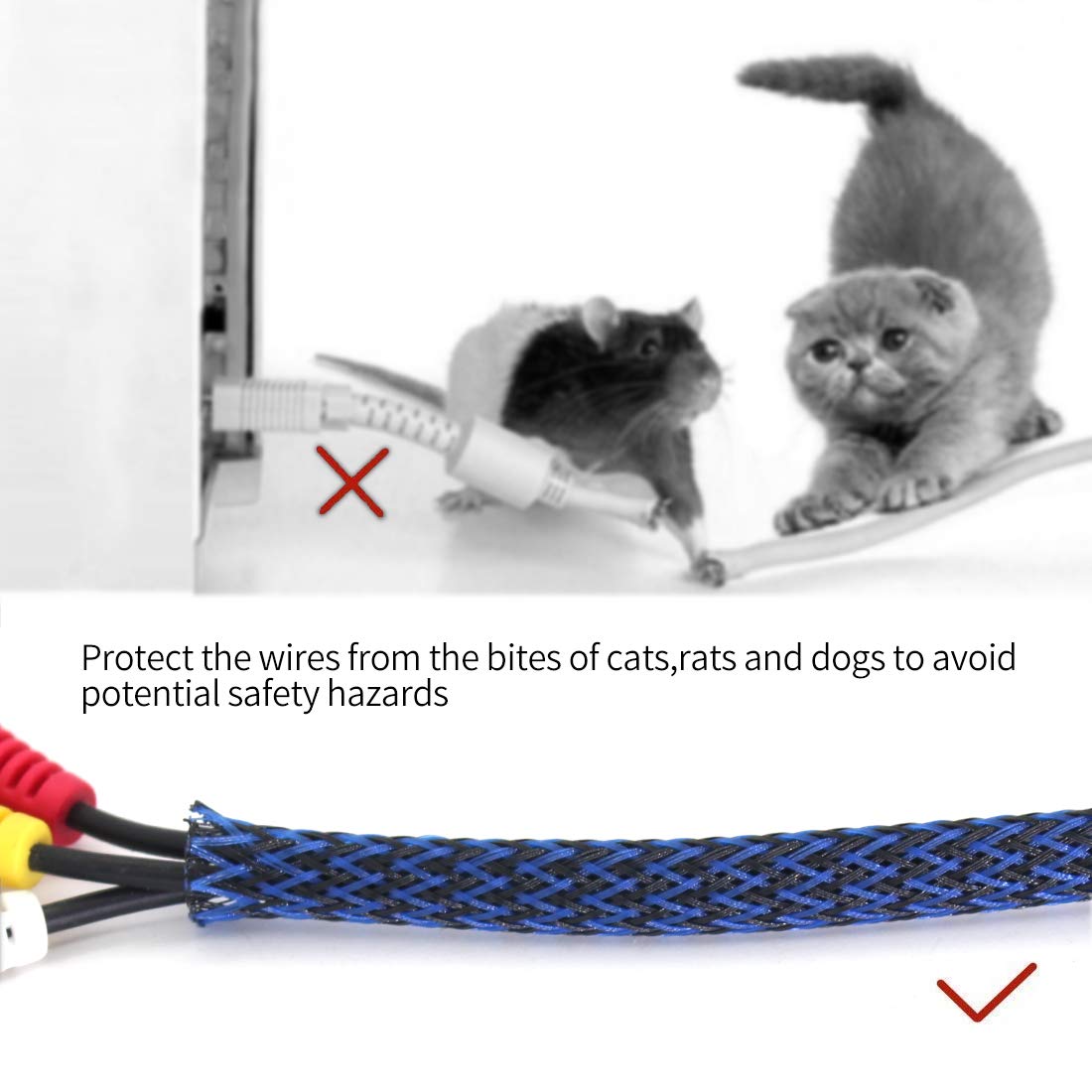 Black-Blue PET Expandable Sleeving Cord Protector Wire Loom Tubing Cable Sleeve for USB Charger Cable Power Cord Audio Video Cable Can Protect Cat Dog