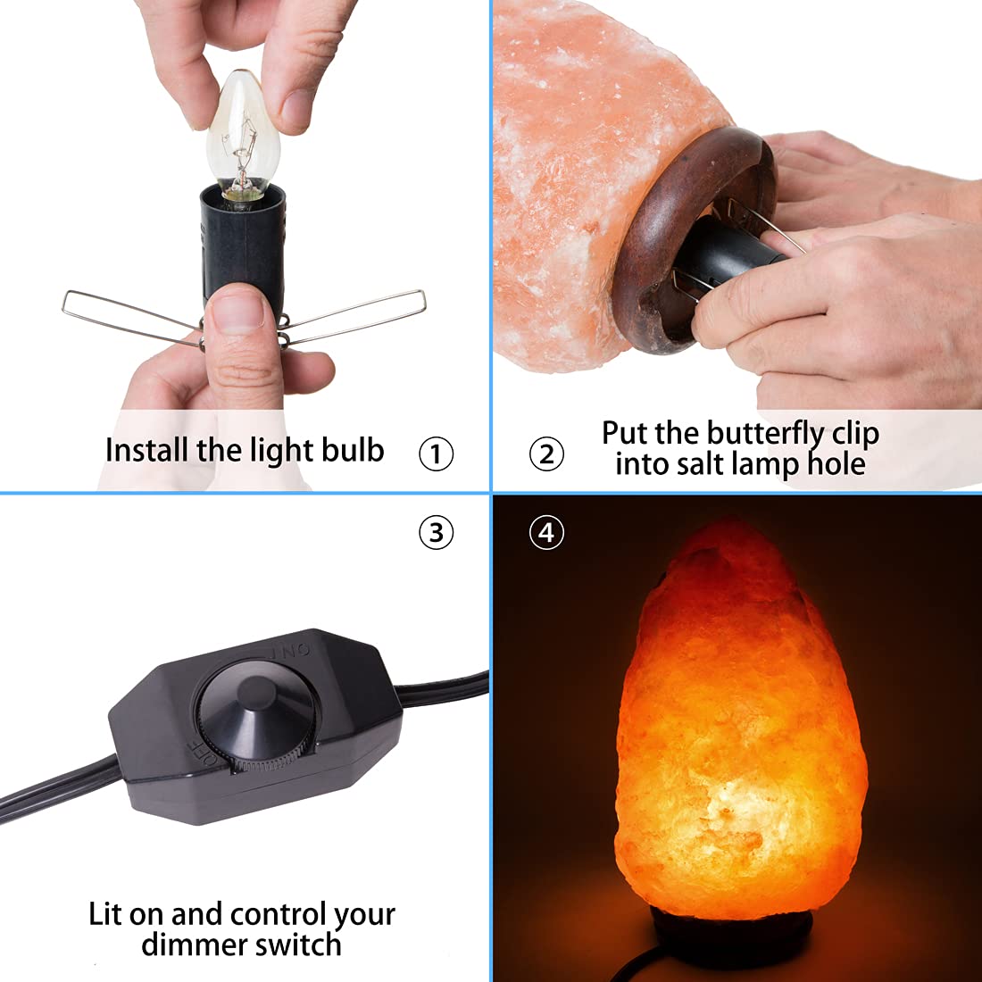 Venforze Himalayan Salt Lamp Cord (5 Feet Cord with Metal Clip) with Dimmer Switch, Original Replacement Cord and 6 Packs E12 Halogen Salt Lamp Bulbs