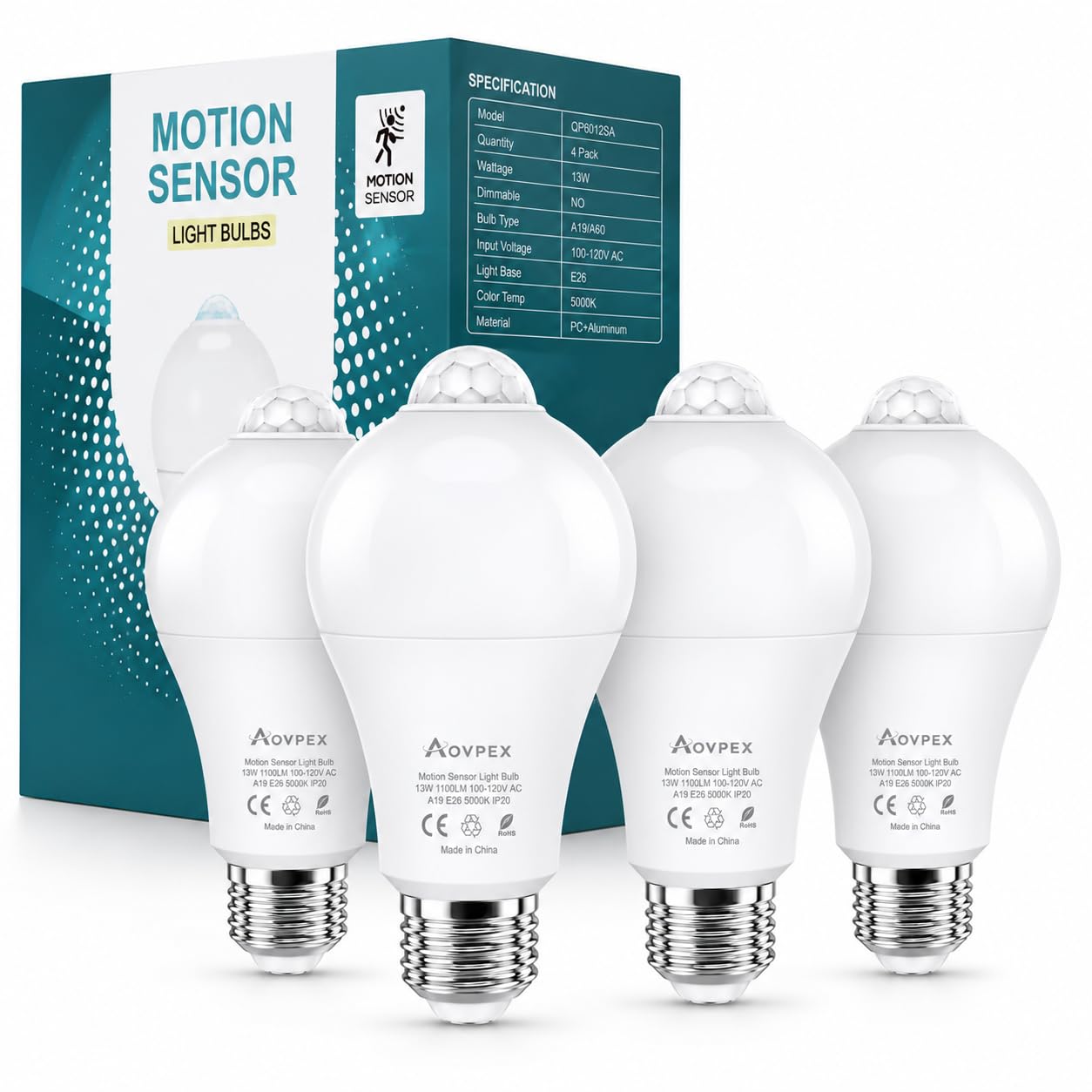 Aovpex Motion Sensor Light Bulbs, 13W(100W Equivalent) Movement Activated Dusk to Dawn Sensor LED Bulb, A19 E26 5000K Cool White Security Bulbs