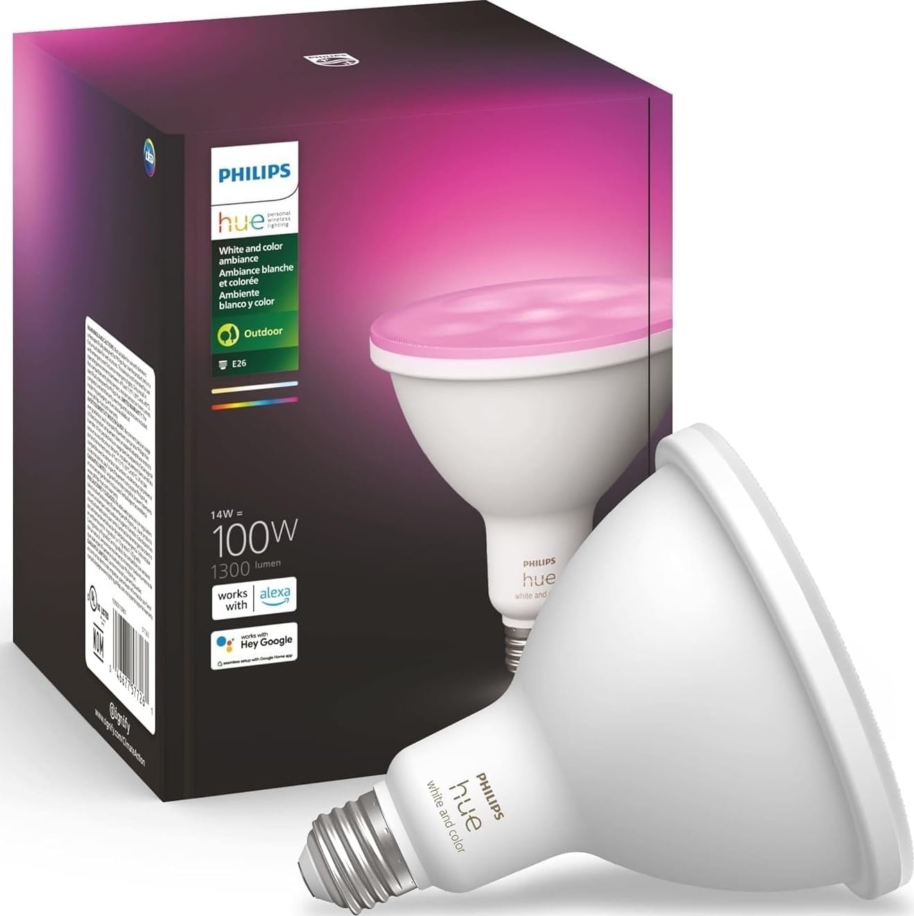 Philips Hue Smart 100W PAR38 LED Bulb - White and Color Ambiance Color-Changing Light - 1 Pack - 1300LM - E26 - Outdoor - Control with Hue App - Works