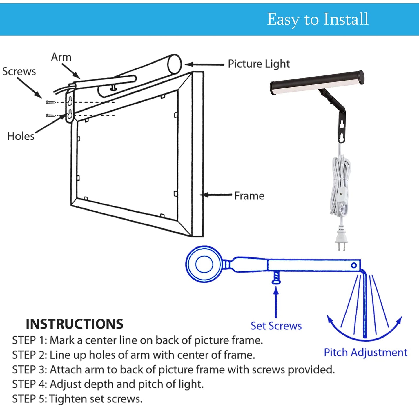 Ciata Picture Light, 7-Inches Picture Frame Light Integrated LED Art Light, 3000K 2 Watt Adjustable Metal Picture Lights for Wall, Artwork Light