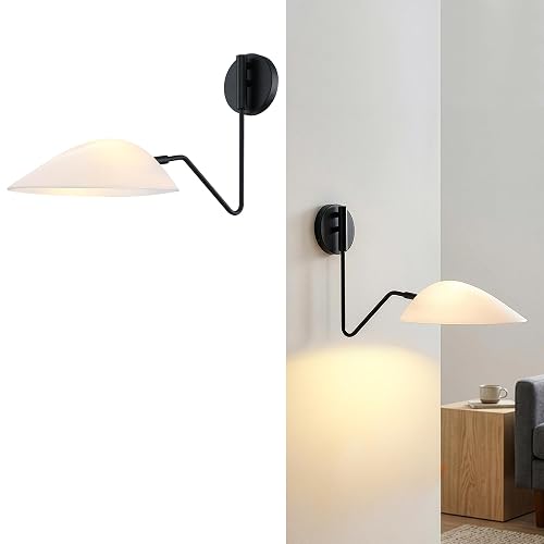 MEXO Adjustable Black Wall Sconce with Opal Shades, Flexible Directional Wall Light with Swivel & Tilt Function, Suitable for Bedrooms, Living Rooms