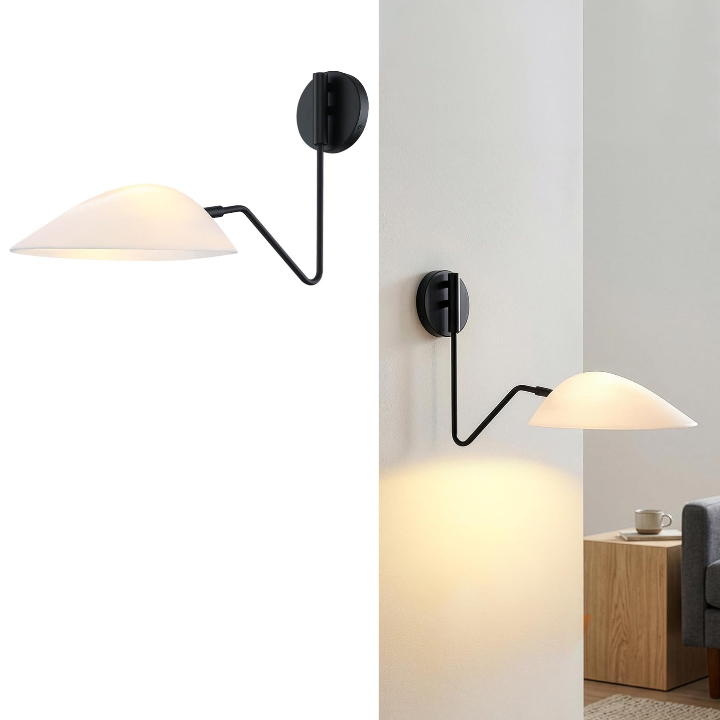 MEXO Adjustable Black Wall Sconce with Opal Shades, Flexible Directional Wall Light with Swivel & Tilt Function, Suitable for Bedrooms, Living Rooms