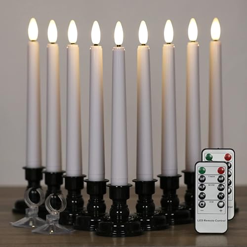 OWLBAY 9 Pack 3D Wick Flameless Window Candles with Remote & Timer, 8”H Battery Operated LED Taper Candles, Warm White Flame Flickering Light, Ideal