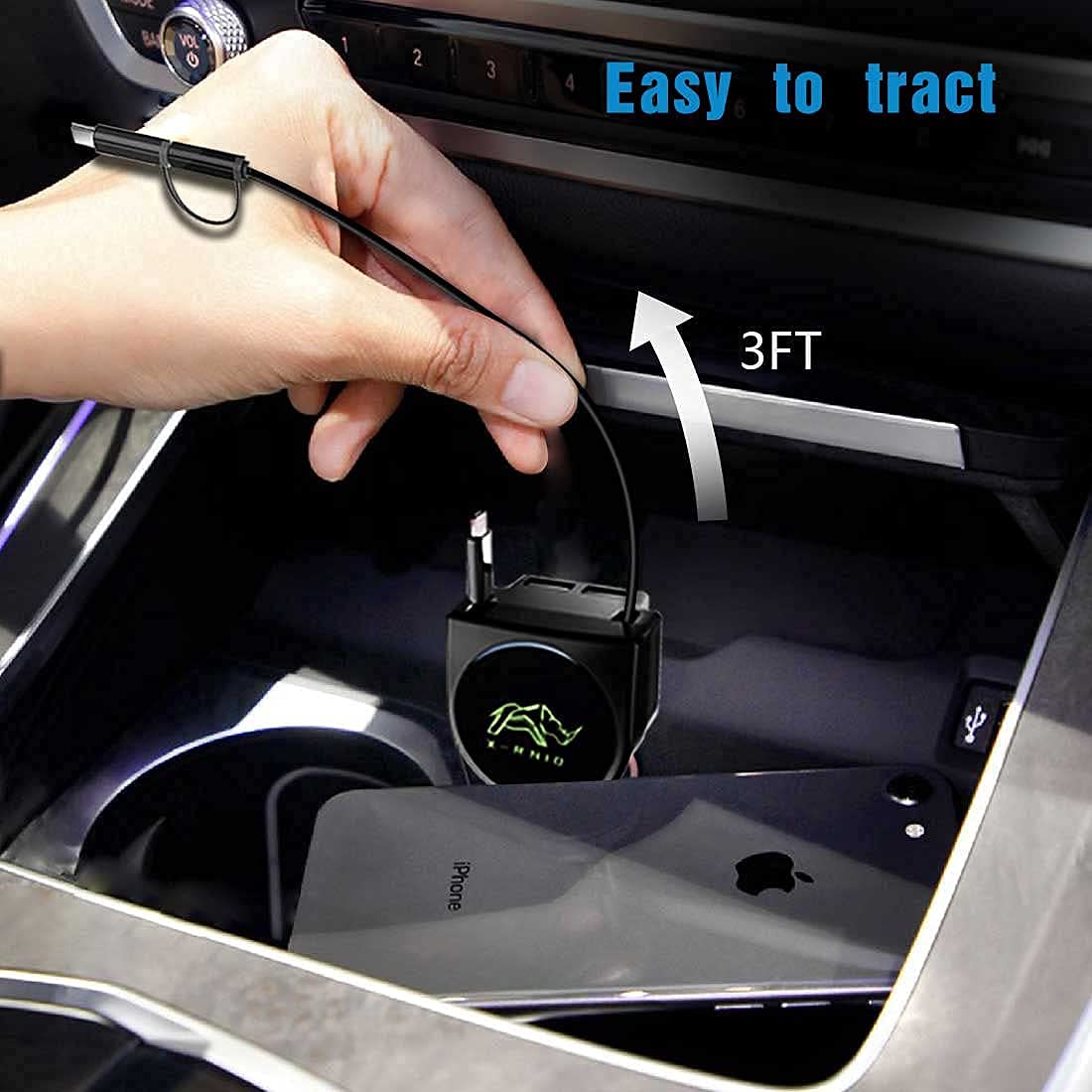 Retractable Car Charger, Fast Charge 3.1A 47W, Retractable Cables (3Ft) and 2 USB Ports Car Charger Adapter, Compatible with iPhone & Android Cell