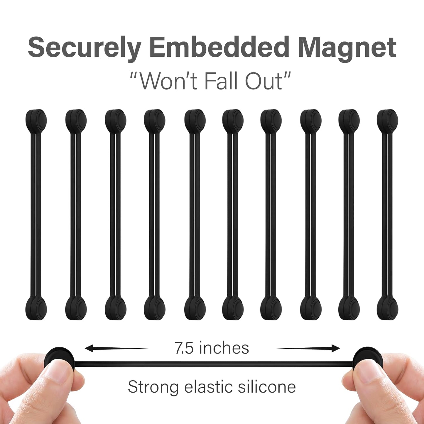 20-Pack Black Magnetic Cable Ties - Snap-On Silicone Cord Ties with Strong Magnets - Reusable Magnetic Cord Ties for Cable Management, Wire Organizer