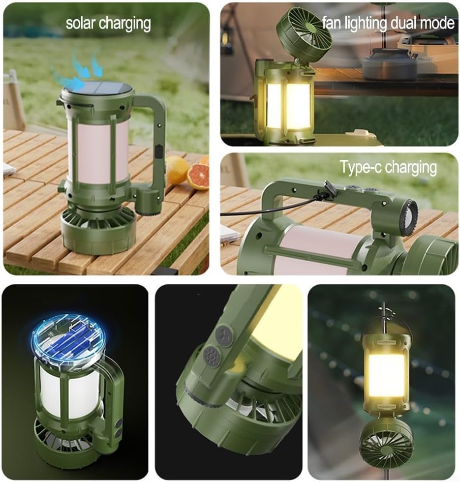3-in-1 Solar Camping Fan with Light, 20W 500M Rechargeable Outdoor Lantern & Tent Fan, High-Speed Airflow, 5000mAh Battery, Solar/USB-C Charging, IPX4