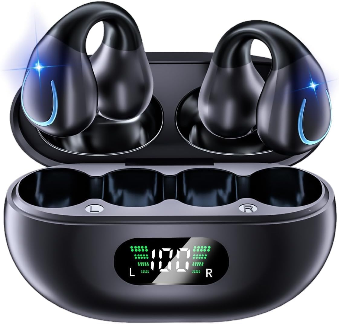 Open Ear Bone Conduction Headphones Bluetooth 5.3 Wireless Clip On Earbuds with Digital Display Charging Case 60 Hours Playtime Sport Earphones