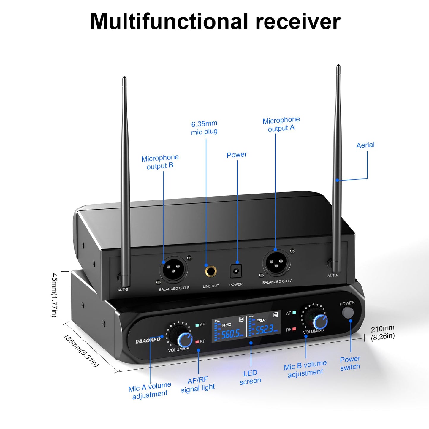 Aokeo Wireless Microphone System, Metal Wireless Mic Set with Case,Handheld Cordless Dynamic Microphones for Singing, Karaoke, Church, DJ,100ft Range