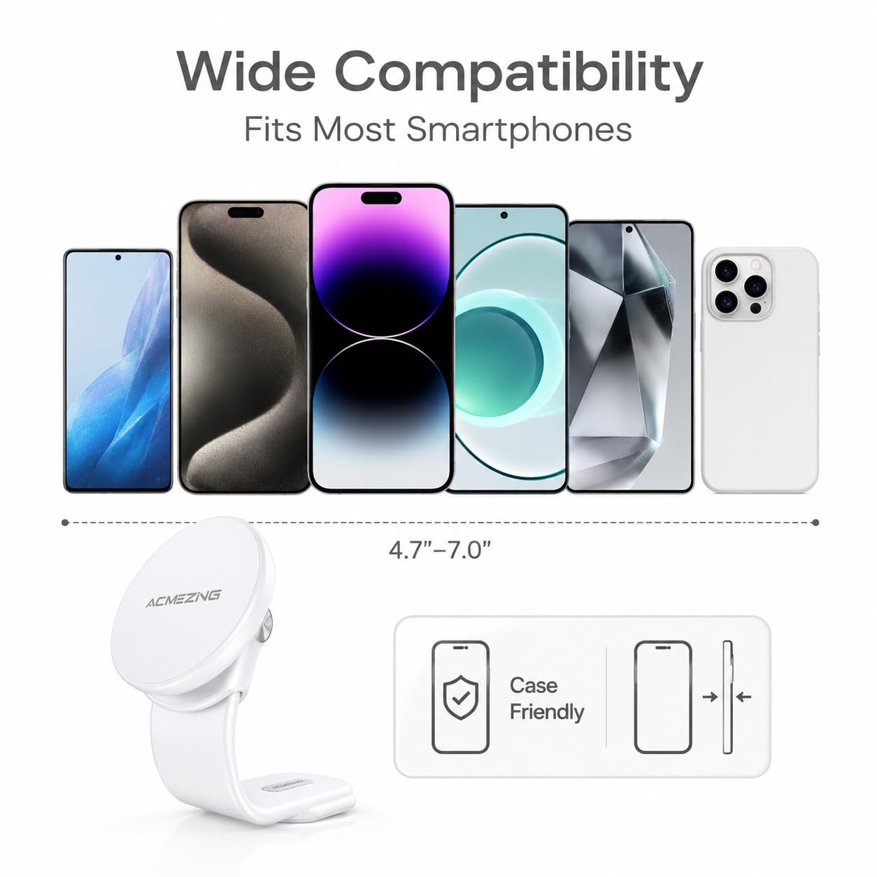 ACMEZING for MagSafe Car Mount, Flexible Memory Alloy Arm Magnetic Phone Holder for Car with 3M Adhesive Base, Dashboard Cell Phone Mount, White