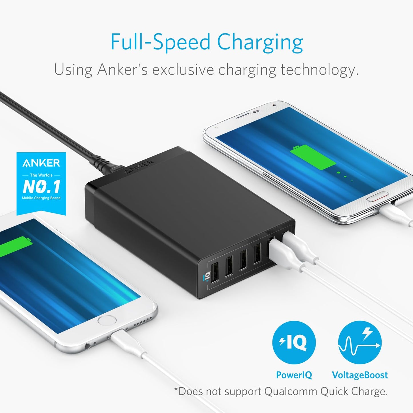 Anker Desktop Charger, 60W 6 Port USB Multiple Charging Hub, PowerPort 6 Multiple USB Charger, Campatible with iPhone, iPad, MacBook, Galaxy, LG, HTC