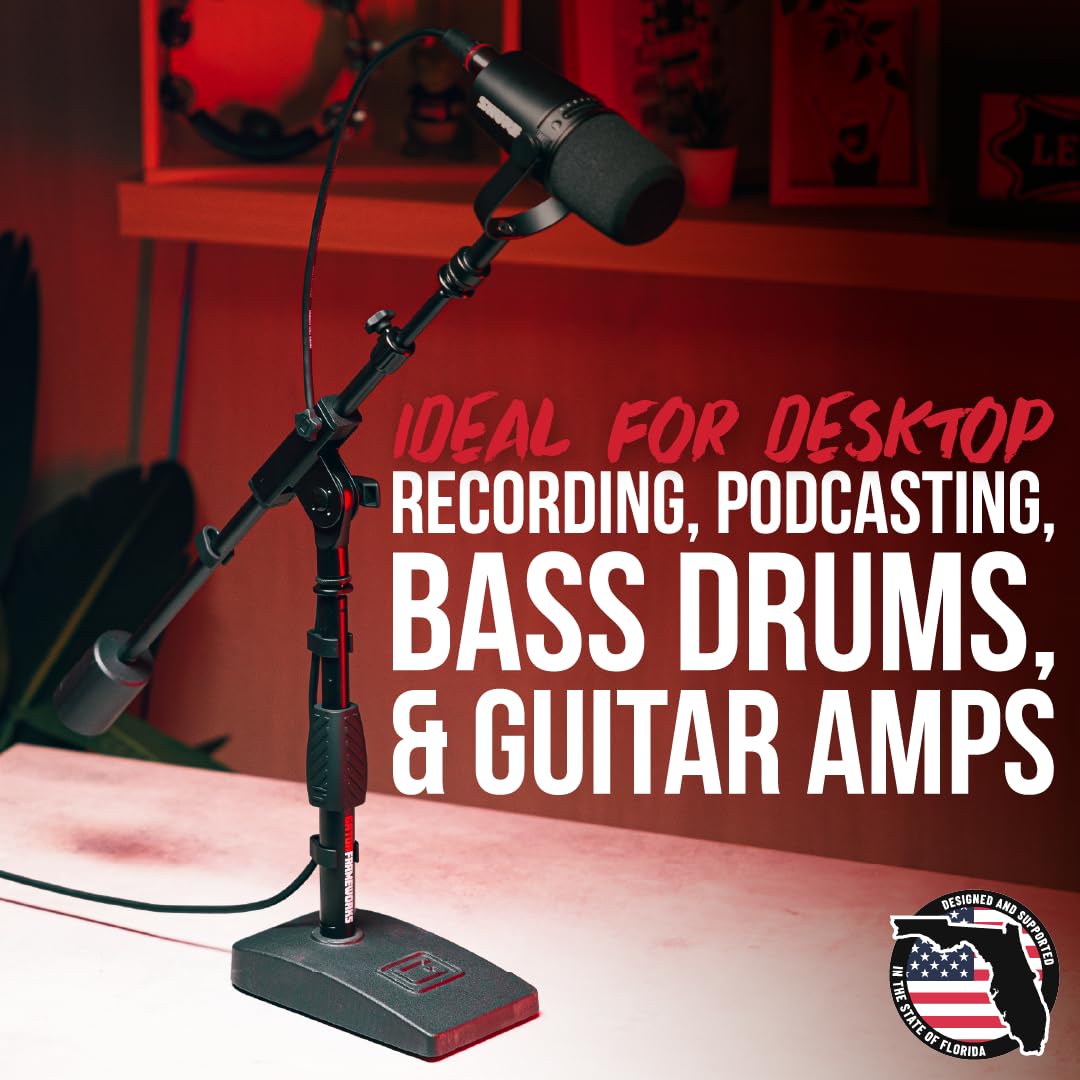 Gator Frameworks Short Weighted Base Microphone Stand with Telescopic Boom Arm and 2.5 Lbs Counter Weight, Ideal for Desktop, Recording, and Streaming
