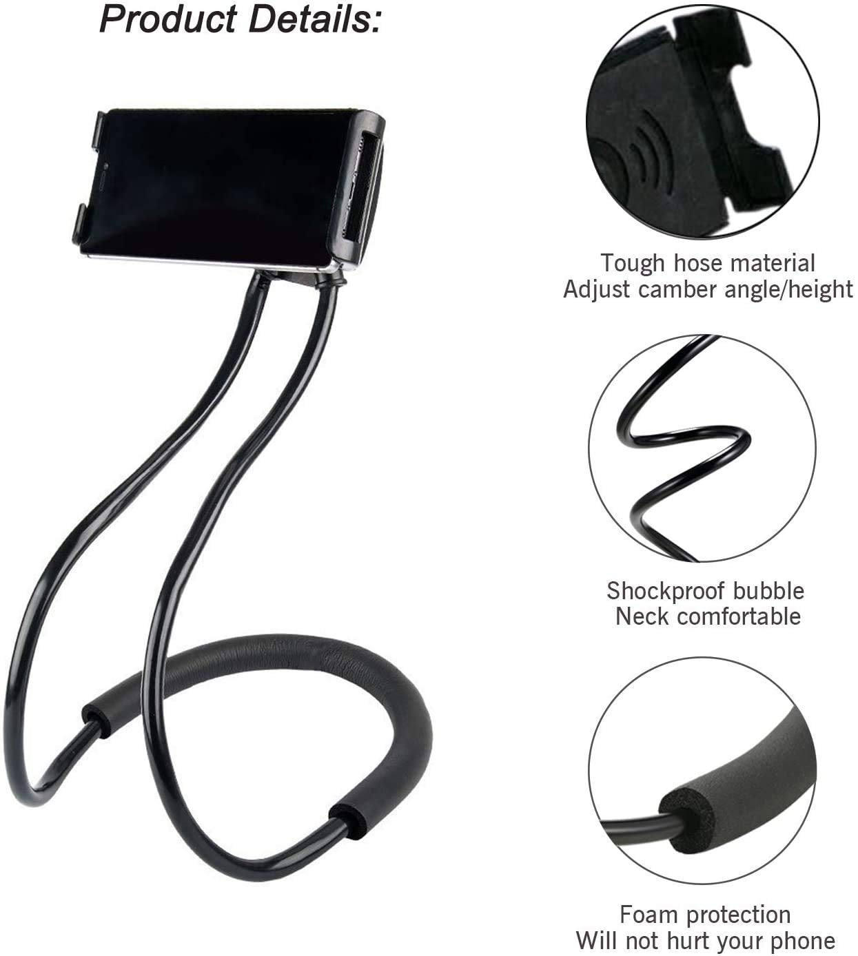 geyitafum Cell Phone Stand Hanging on Neck Upgraded, Hands-Free Mobile Phone Holder Clip on Bed/Table 360° Rotation iPhone Tablet Mount Bracket