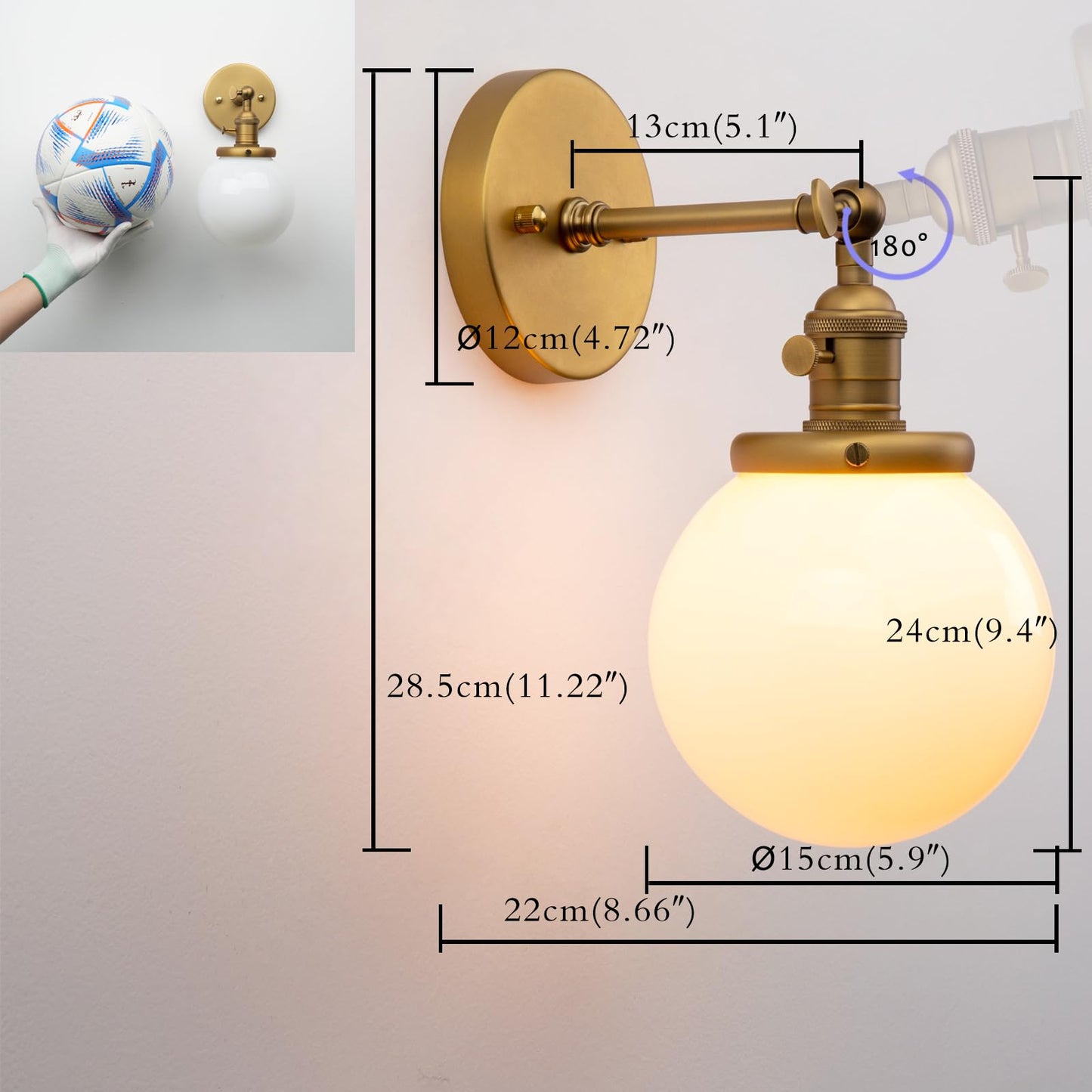 PERMO Vintage Wall Sconce Lighting Fixture with 5.9" Round Globe Milk White Glass Hand Blown Shade Hardwired wall sconces with Switch (Antique Brass)
