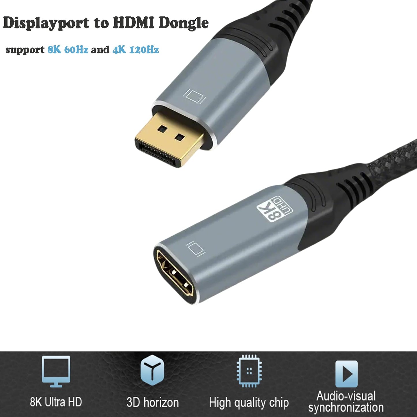 ConnBull DisplayPort to HDMI Adapter 8K, Uni-Directional DP 1.4 to HDMI 2.1 Screen (Male to Female) Cable Support 8K@60Hz/4K@120Hz Display for HP