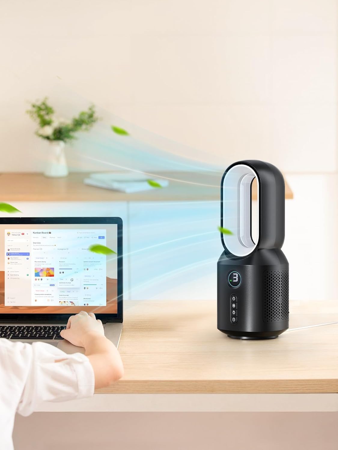 let'me Desk Fan, Small Bladeless Table Fan, Small Fan with 3 Speeds and Night Light, Quiet Desk Fan for Personal, Bedroom, Office, Nightstand