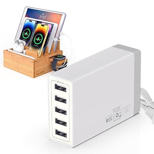 Pezin & Hulin Desktop USB Charging Station with Bamboo Charging Station, Desktop Charger Block, Compatible with Tablet, Cell Phone, Earbuds
