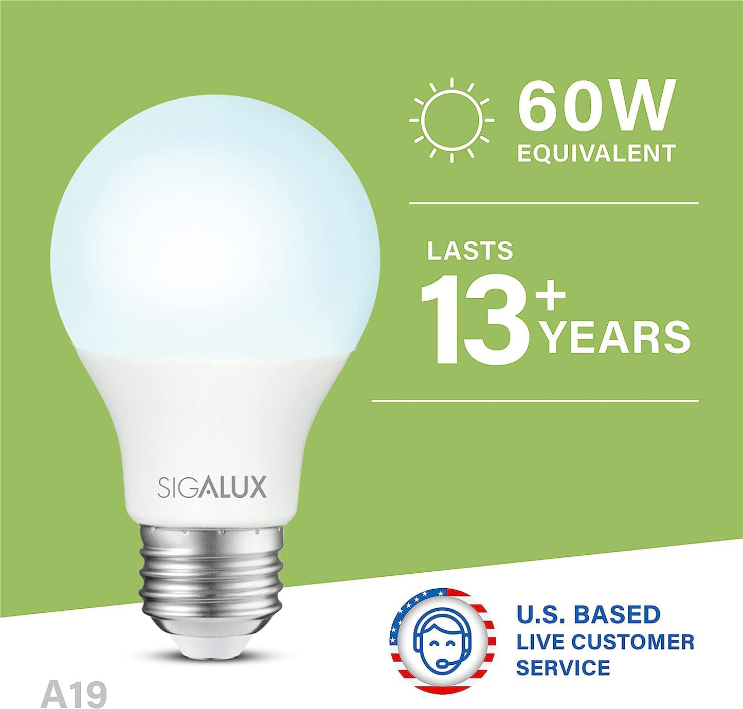 Sigalux A19 LED Light Bulb 60W Equivalent, E26 Medium Base 5000K Daylight 800LM, Non-Dimmable LED 9.5 Watt Standard Light Bulbs, UL Listed, 16 Pack