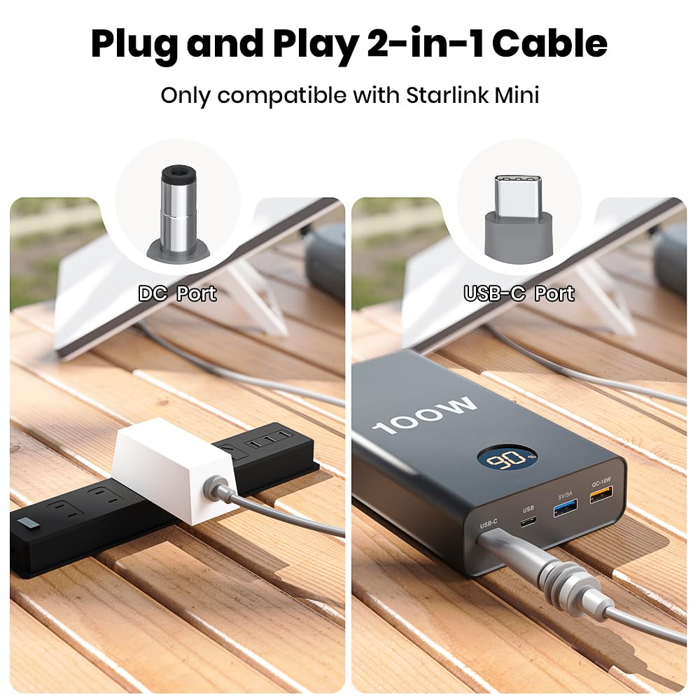 XTAR Starlink Mini Cable 2 in 1, 16.4FT/5M DC/USB C Charging + RJ45 Ethernet Cable for Starlink Mini Power Supply Waterproof
