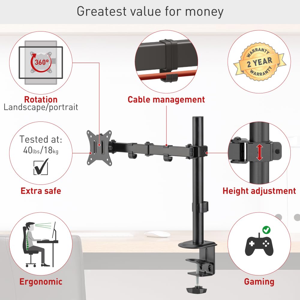 Barkan Monitor Desk Mount for Flat/Curved Screens Sizes 13-34 inch, Full Motion - 5 Movements, Ergonomic, 360 Degree Rotation, Touch & Tilt, Holds up