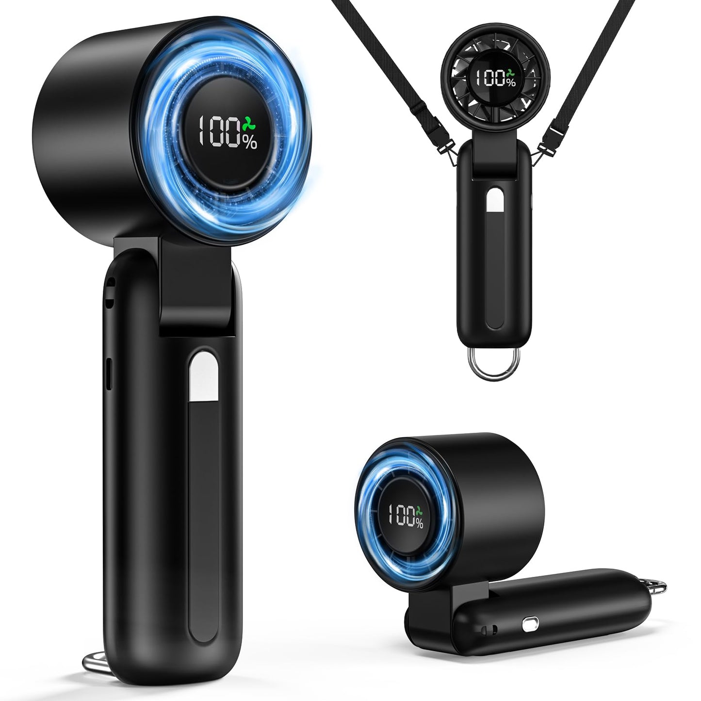PHENSEN 4 in 1 Turbo Handheld Fan - 100-Speed Adjustable, 160° Flexible Head, 5000mAh Battery, 7-Blade Cooling - Portable, Foldable & Carabiner Clip