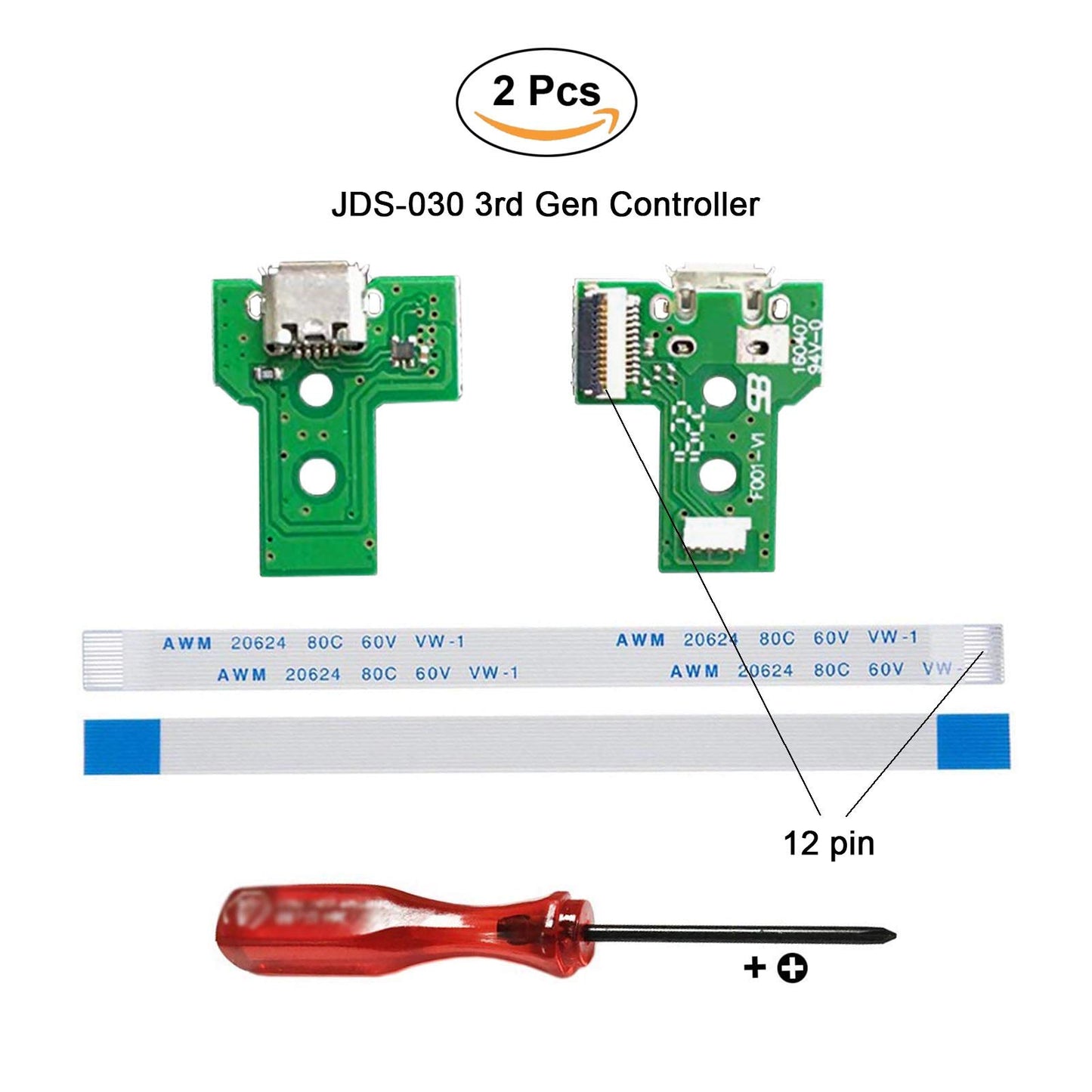 Rinbers Pack of 2 JDS-030 Replacement Charging Port Micro USB Adaptor Charger Socket Circuit Board with 12 Pin Flex Cable