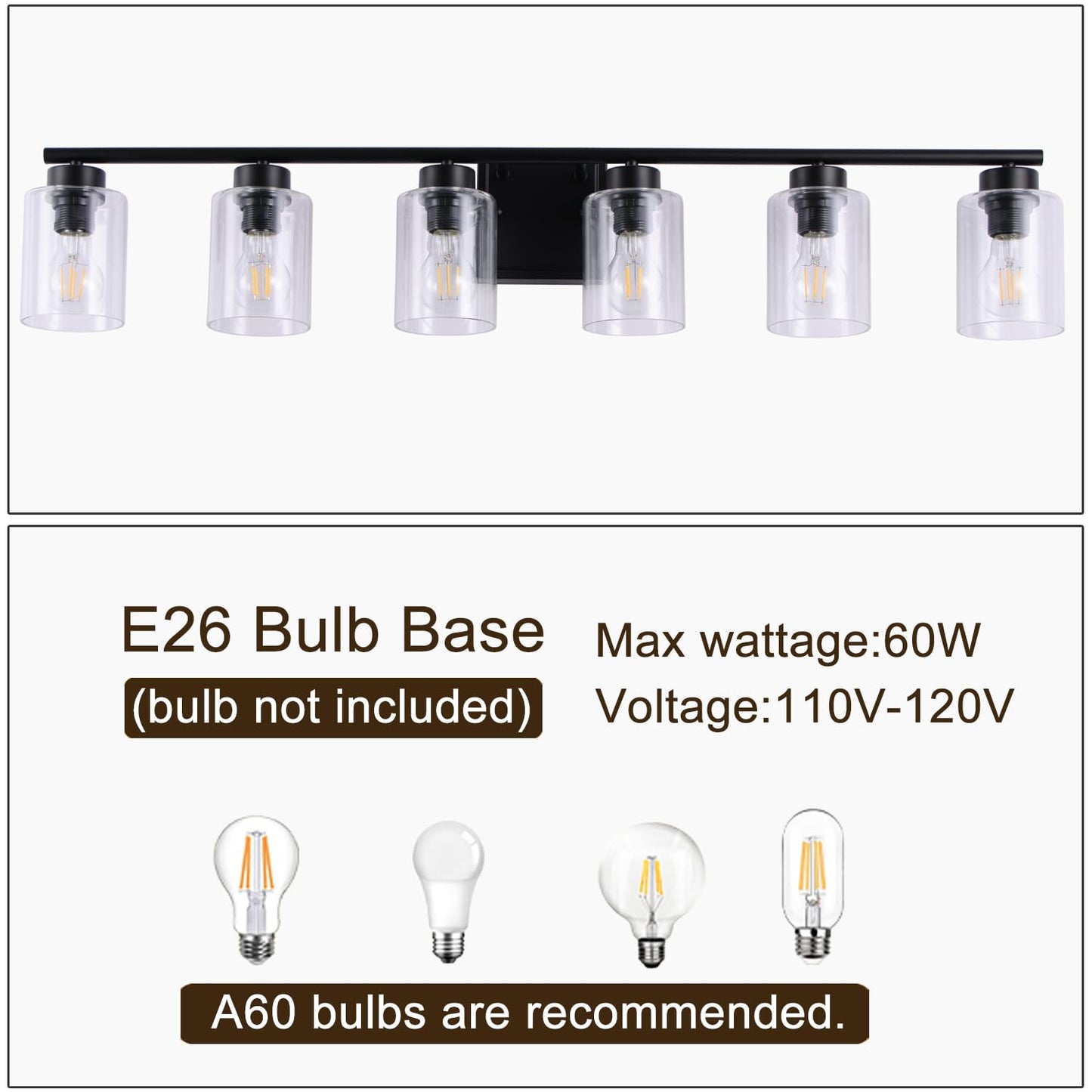 CONUCK 6 Light Bathroom Light Fixtures, 40 Inches Bathroom Lighting Fixtures Over Mirror, Black Vanity Light with Clear Glass Shades