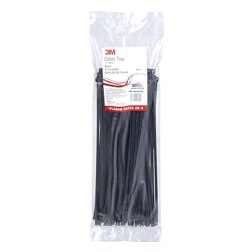 3M Cable Tie CT11BK50-C, Black, 50 lb, 11", Bag of 100 Nylon Cable Ties, Curved tip Allows for Faster Threading and Installation
