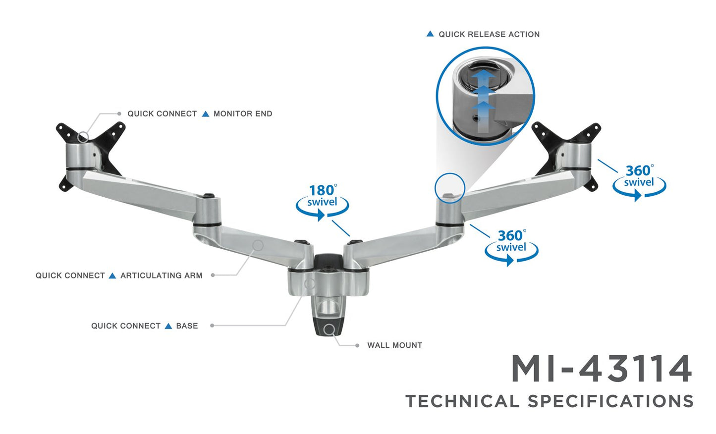 Mount-It! Dual Full Motion Monitor Wall Mount, Compatible with VESA 75 and 100, Fits Computer Screens 19, 20, 21, 24, 27, 30 Inches, Silver (MI-43114)