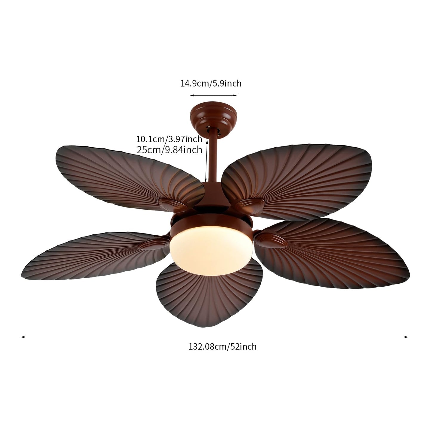 Haivenliuy 52 Inch Tropical Palm Leaf Ceiling Fan with LED Lights,5 Palm Wooden Reversible Blades 3 Speed Glass Lampshade Vintage Chandelier Fan