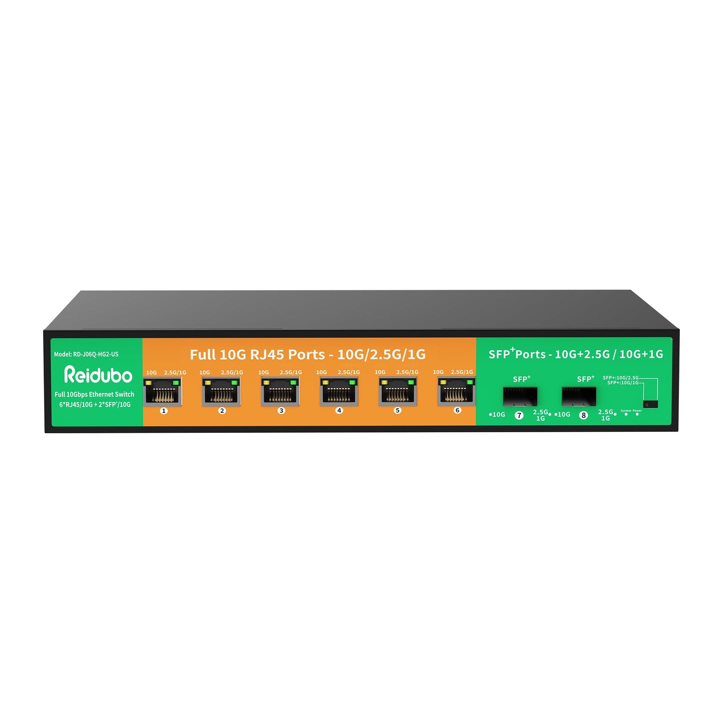8-Port 10Gb Ethernet Switch Unmanaged, 6 x 10G RJ45 Ports, 2 x 10G SFP+ Ports, 10Gbps/2.5G/1G Auto-Negotiation, 160Gbps Capacity Ethernet Switch