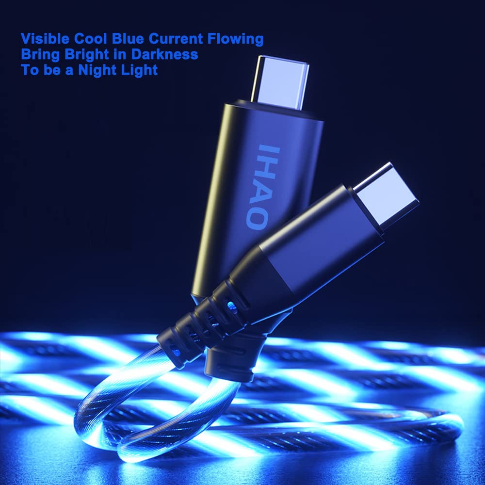IHAO USB Type C to Type C PD 60W Fast Charging Cable Phone Charger High Data Speed Cool Light Up LED Current Flowing for All USB C Device-Blue/39