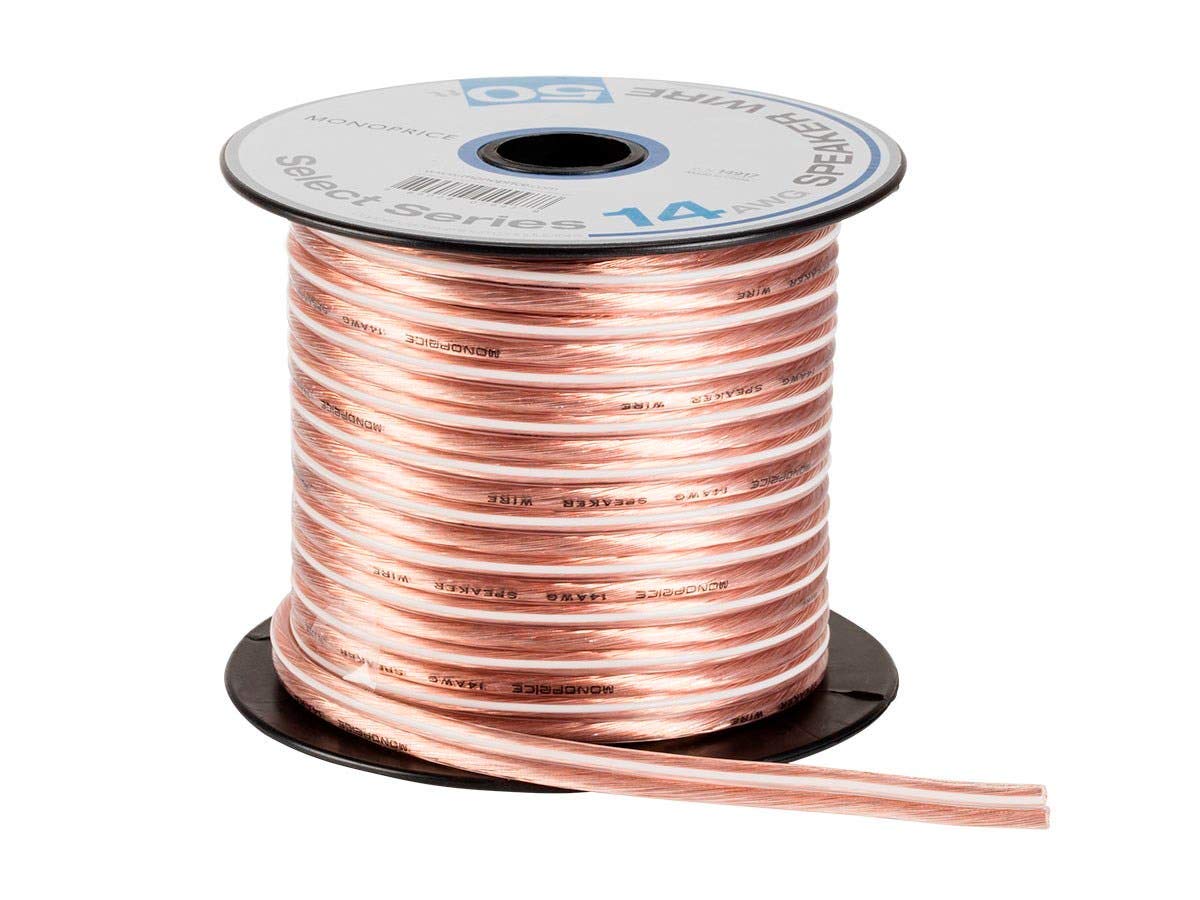 Monoprice Select Series 14 Gauge AWG Speaker Wire/Cable - 50ft Jacketed in Durable Plastic with A Color Coded Conductor for Home Theater, Car Audio