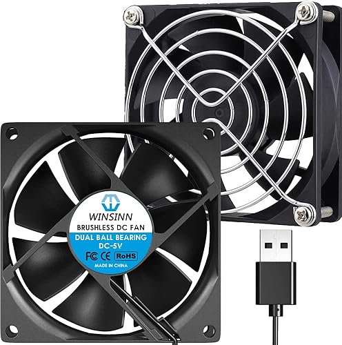 WINSINN DC 80mm USB Fan 5V 8025 Dual Ball Bearing Brushless Cooling 80mmx25mm 2PIN (Pack of 2Pcs)