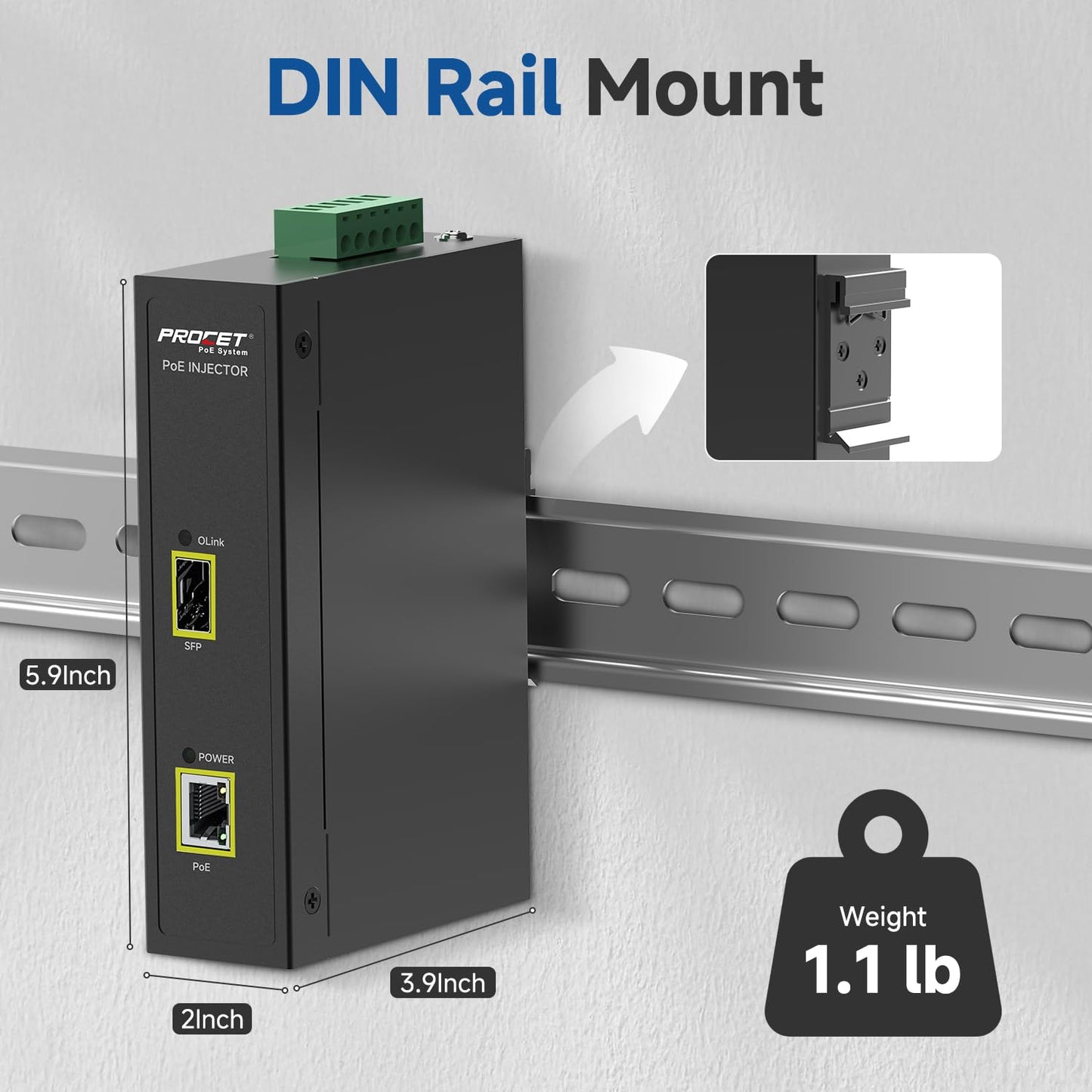 PROCET 30W PoE Injector SFP Uplink Gigabit DIN Rail PoE+ Power Adapter, 6KV Surge Protection, -40°F to 149°F for PTZ/ AI Camera, eero PoE 6, UniFi U6