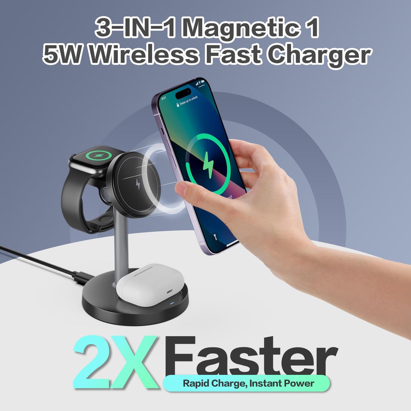 3 in 1 Wireless Charging Station Compatible with MagSafe, 15W Fast Charging Magnetic Mag-Safe Charger Stand for Apple iPhone 17 16 15 14 13 12Series