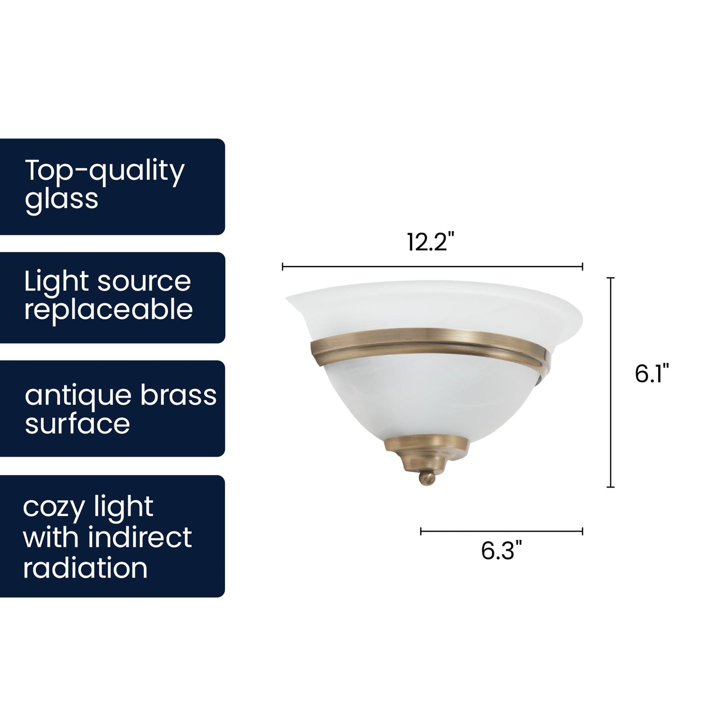 Lucande 12.2" Antique Brass Half Moon Wall Sconce Light, Uplight Wall Mount Light with Frosted Glass Bowl Shade, Traditional Wall Sconce for Bedroom