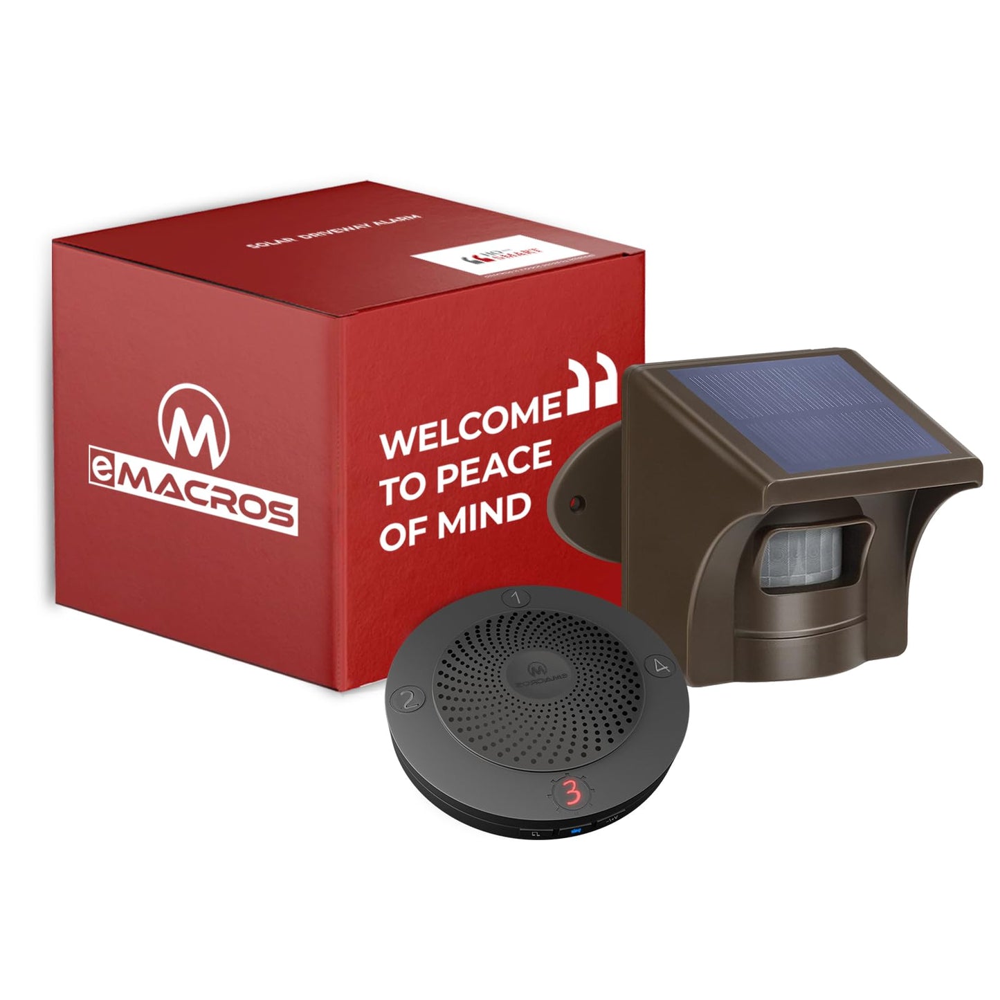 eMACROS Non-APP Wireless Driveway Alarm - 1/2 Mile Solar Motion Sensor with Plug-in Receiver for Driveways, Homes, Large Properties, Weatherproof