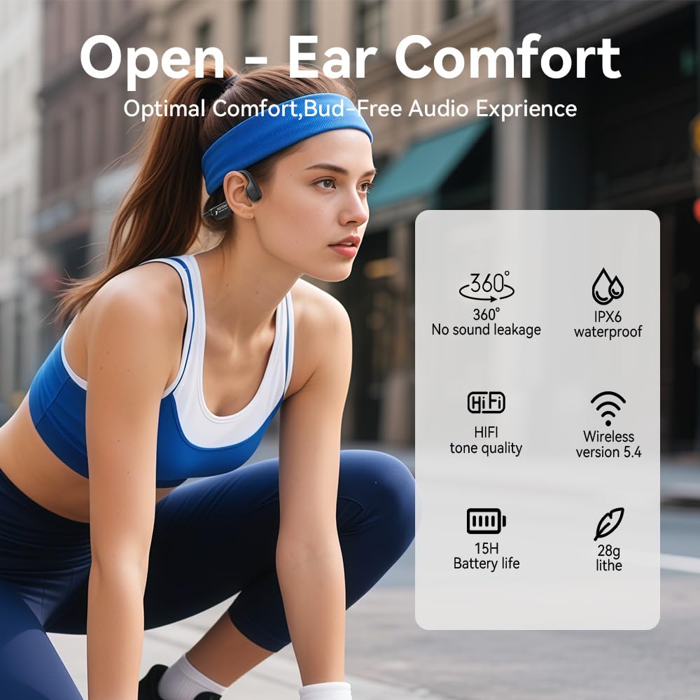 MZYDM Bone Conduction Headphones, Open Ear Headphones Bluetooth5.4 with Mic, 15H Playtime, IPX6 Sweat Resistant Wireless Earphones, for Workouts