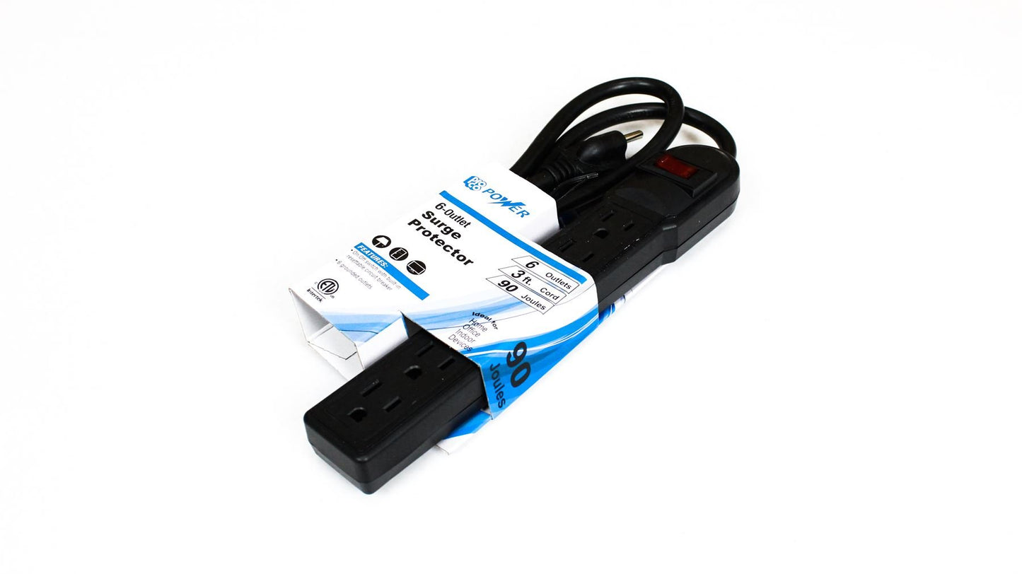 Pro Co Power 3ft 6 Outlet Strip Surge Protector, 15A 90J Black