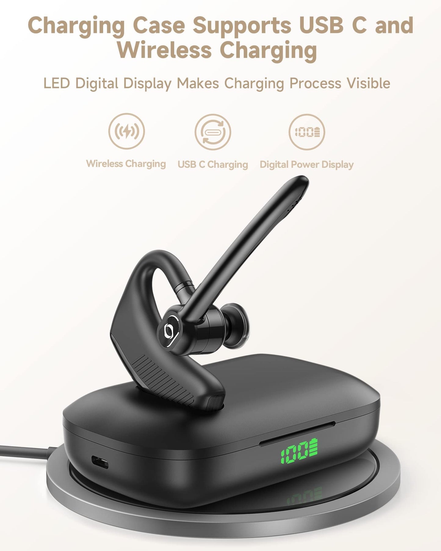 Wireless Headset Bluetooth Earpiece with Dual Noise Canceling Microphone Hands Free Headphones Single Ear Earphone Over Ear Earbud for iPhone Samsung