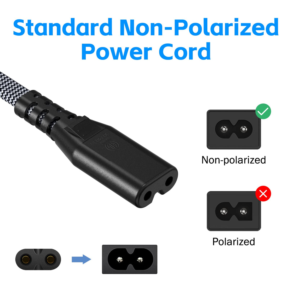 AC Power Cord 20FT (1 Pack), 2 Prong TV Power Cord, Nylon Braid Cable Replacement for Xbox One, PS3, PS4, PS5, Compatible for Printer, Monitor, Sound