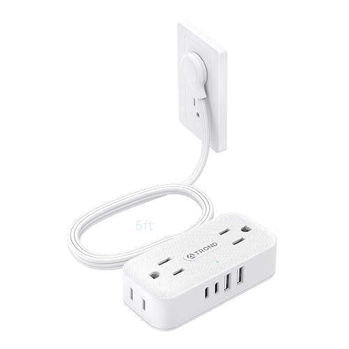 TROND Flat Plug Power Strip 5FT, Small Flat Extension Cord with Multiple Outlets, 4 AC and 4 USB Ports (2 USB C), Wall Mount 900J Surge Protector