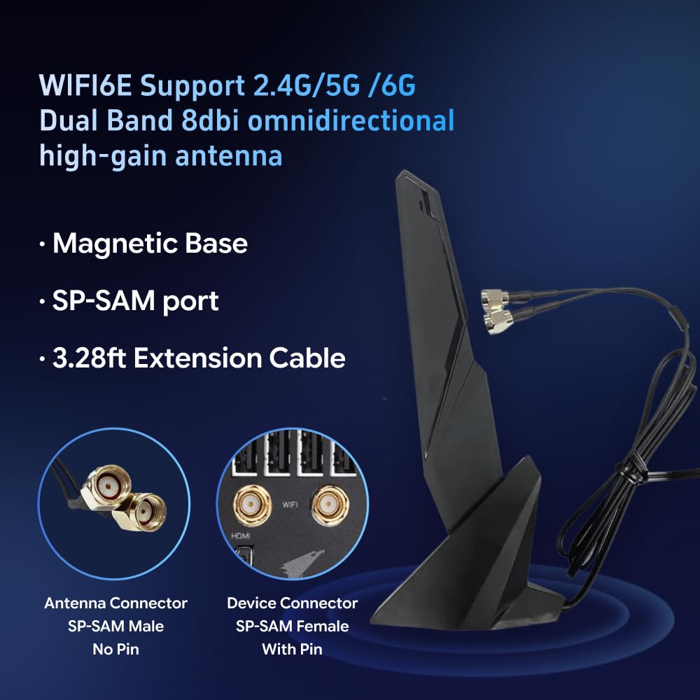 SAMXI SMA WiFi 6e 2T2R Antenna 2.4G/5G Dual Band for GIGABYTE AORUS Z390 Z270 Z370 Z490 Z590 Z690 X470 X570 X570S X570I H470 H470I H610 B460 B450 B550