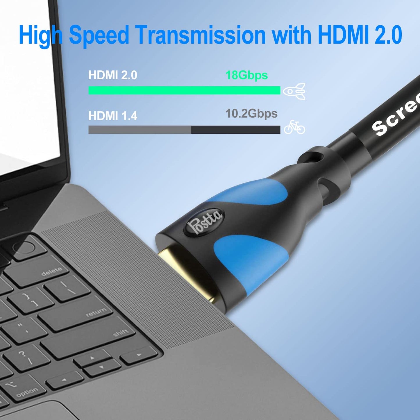 Postta HDMI Cable 75 Feet 4K HDMI2.0 Cable with Built-in Signal Booster Support 4K(2160P),3D,1080P,Ethernet,Audio Return(ARC)-(Black-Pale Blue)