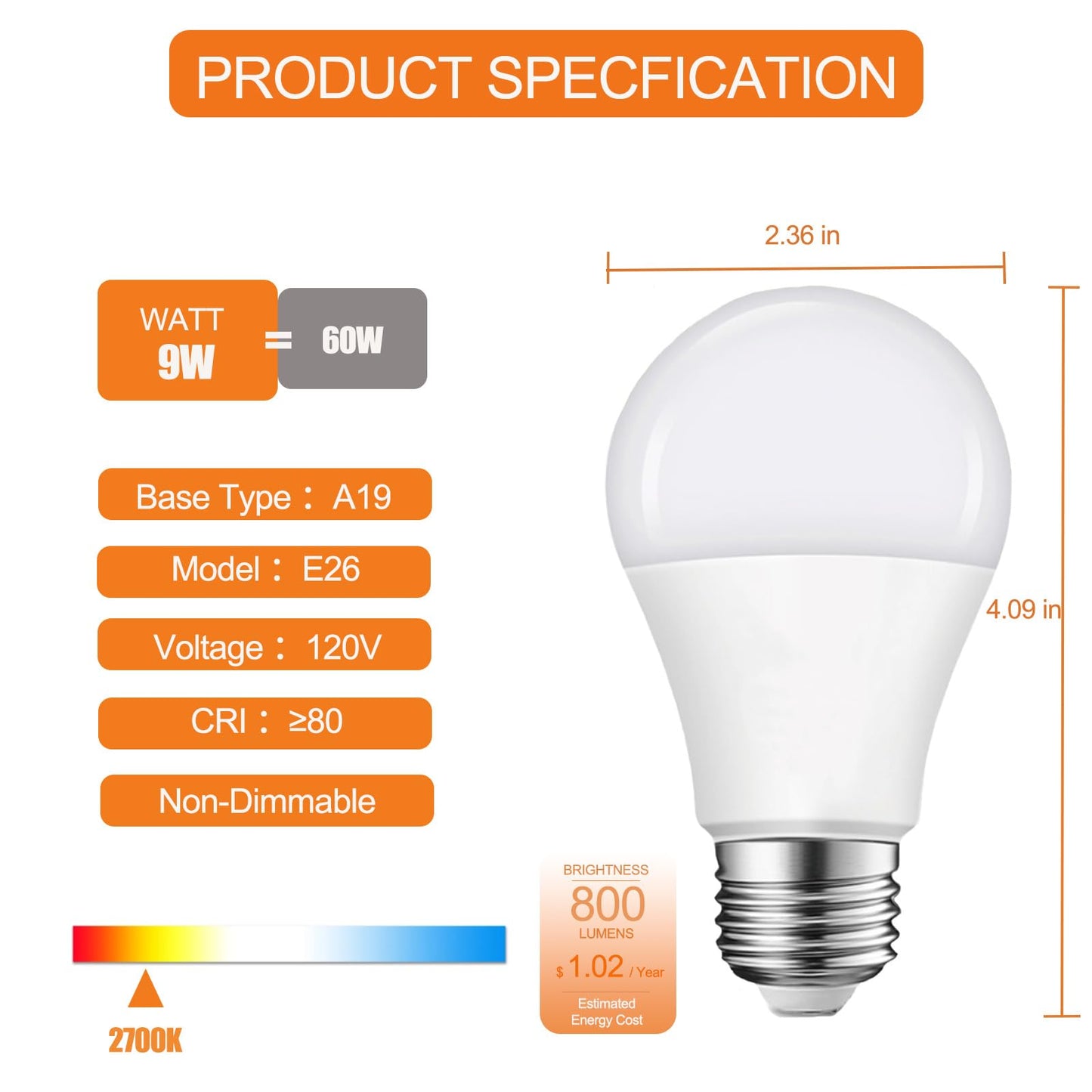 Anqueen Lin A19 LED Light Bulbs 60 Watt Equivalent, 2700K Soft White, E26 Standard Base, 9W 800 Lumens,Non-Dimmable Warm Light Bulbs, for Bedroom
