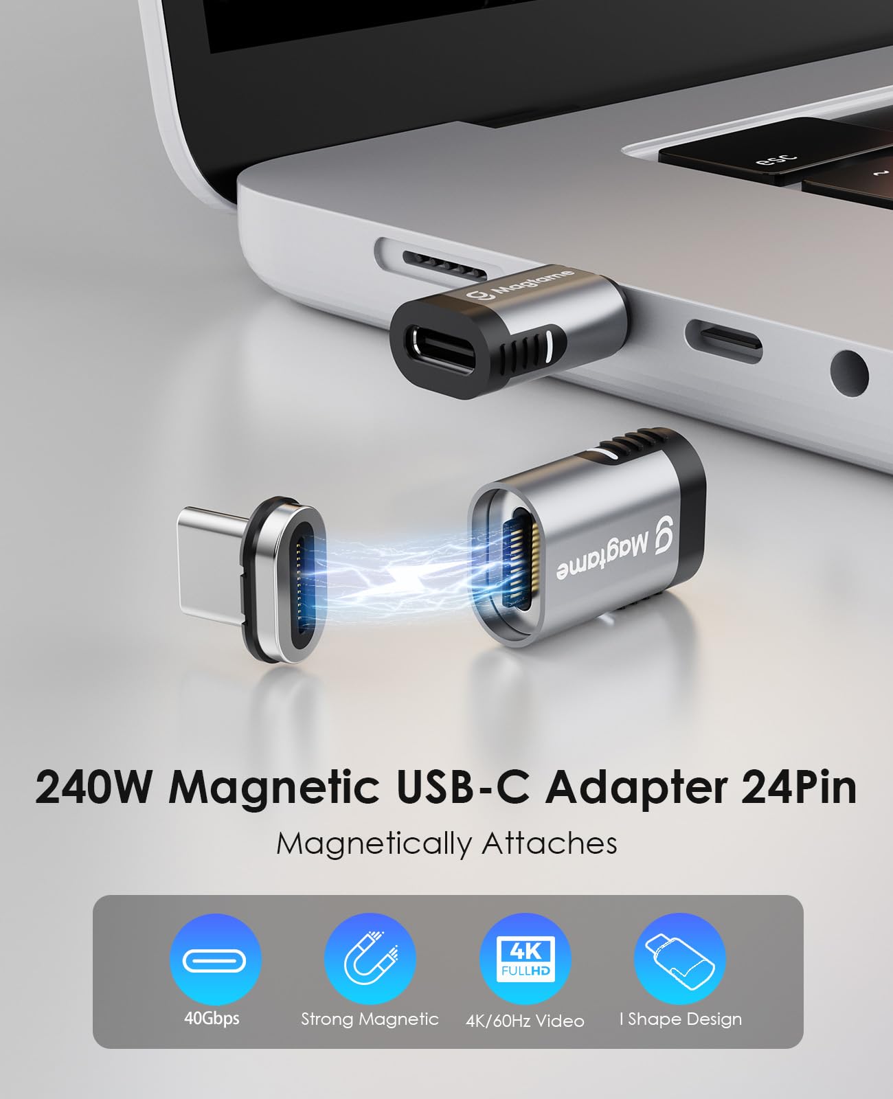 Magtame 2Pack 24Pin Magnetic USB C Adapter 240W Straight, (40Gbps and 4K Video) USB C Extender C Male to C Female Adapter, Port Protection for USB 4