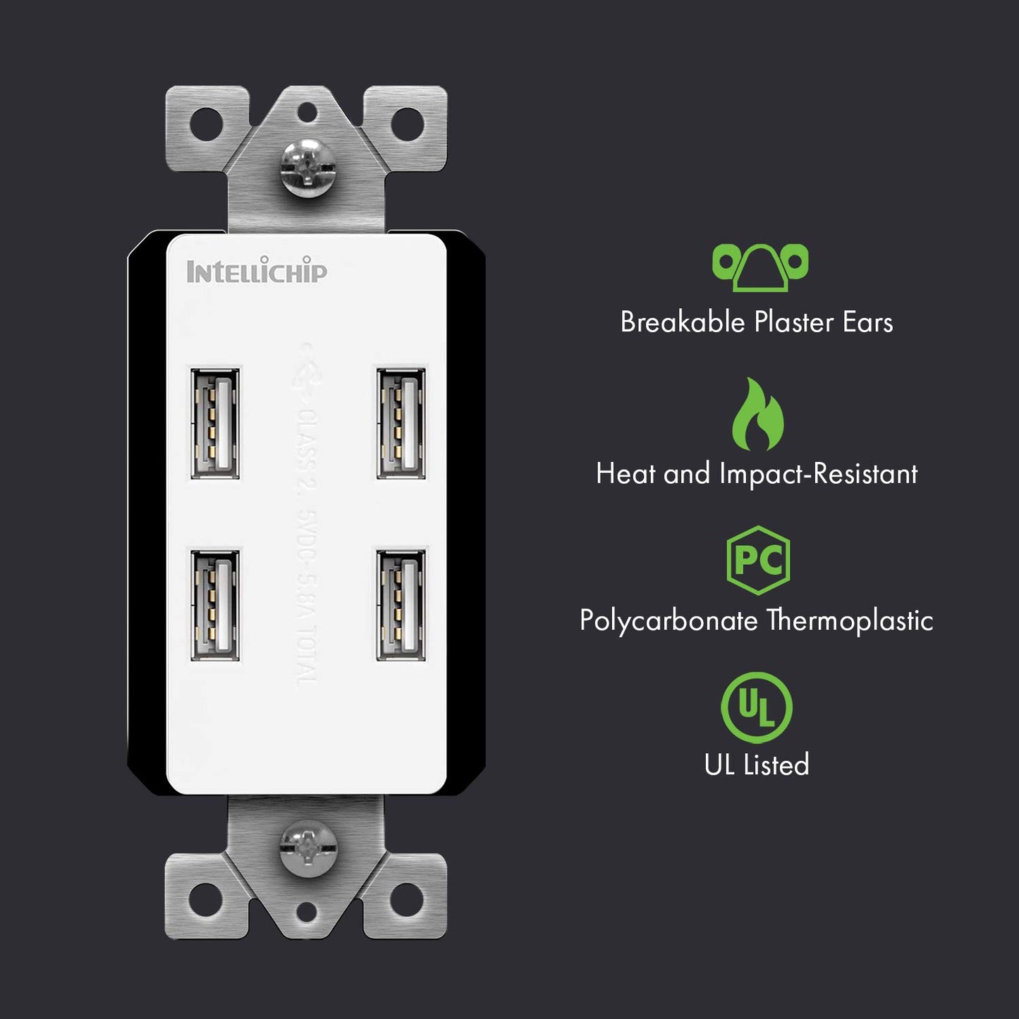 TOPGREENER 5.8A Ultra High Speed USB Quad 4-Port Wall Outlet Receptacle, Compatible with iPhone SE/11/XS/XR/X/8, Samsung Galaxy S20/S10/S9/Note