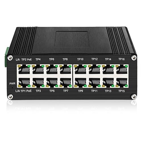 16-Port PoE Ethernet Switch 10/100/1000Mbps, Full Gigabit Port Support IEEE802.3at PoE(30W per Port),48-57VDC Power Input, DIN-Rail Mount